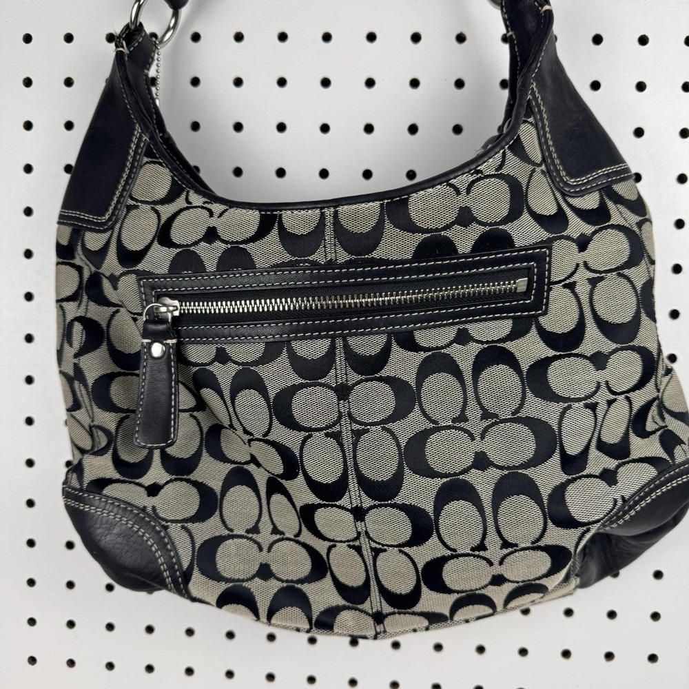 COACH Signature Hobo Shoulder Bag Turn Lock Leather Canvas Black Gray F 13971 - Picture 8 of 16